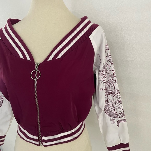 Cotton On Maroon and White Bomber Jacket Sz 2 - Picture 2 of 8